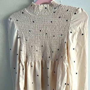 Heart Print Shirred Bishop Sleeve Stand Collar Blouse